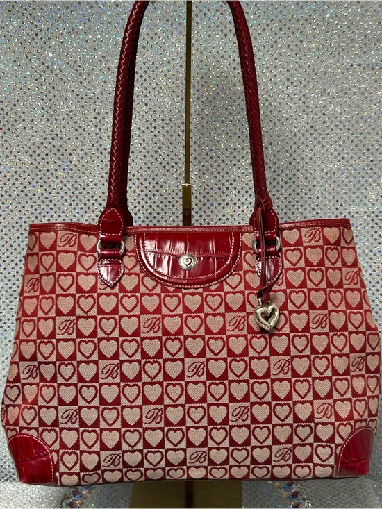 Brighton Handbags - Brighton Red Heart Pattern Canvas and Leather Tote Bag Approx 15 x 9 x 4